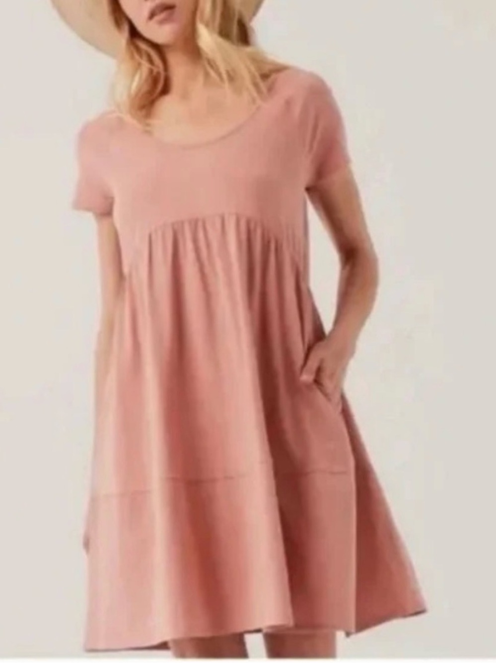 Pact Revive Babydoll Mini Dress Small Pink Clay Pop Over BOHO Pockets Sustainble